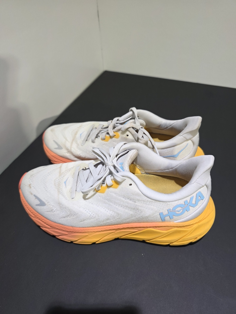 Hoka White Running Shoes with Yellow & Coral Sole